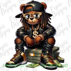 a drawing of a teddy bear sitting on top of stacks of money wearing sunglasses and a hat