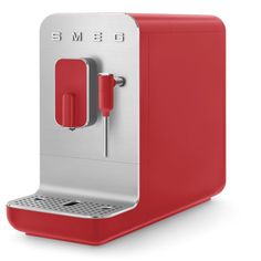 a red and silver coffee machine on a white background with the words smego above it