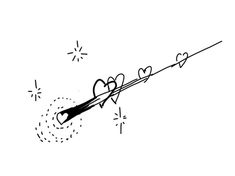 a black and white drawing of a long stick with hearts on it's end