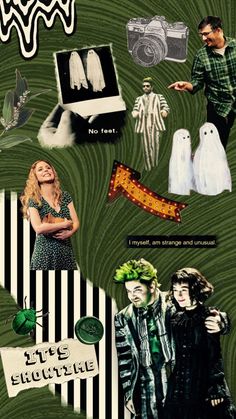 collage of people dressed up as ghostes and other halloween related items in green, black and white