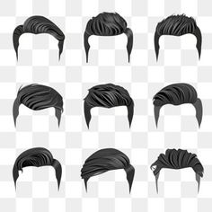 a set of black hair styles for men with long and short hair, on transparent background