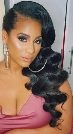 Side Swept Hairstyles Black Women, Side Curls Hairstyles Black Hair, Side Part Wedding Hairstyles Black Women, Maid Of Honor Hairstyles Black Women, Hairstyles For Pageants, Pin Up Curls For Black Women, Formal Side Hairstyles, Hollywood Waves Side Part, One Side Pinned Back Hair Wedding