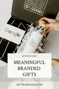 someone is opening up a box with a bottle in it and the words google gifts for good