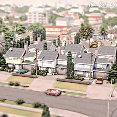 an artist's rendering of a neighborhood with cars parked on the street and houses in the background