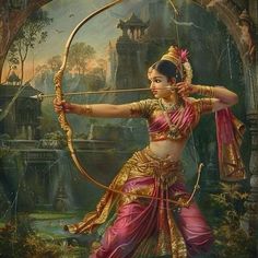 a painting of a woman holding a bow and arrow