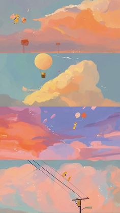 the sky is filled with colorful clouds and balloons