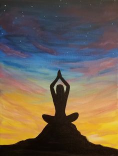 a painting of a person doing yoga in front of a colorful sky with stars and clouds