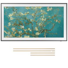 the branches of an almond tree in blossom against a teal background with horizontal lines