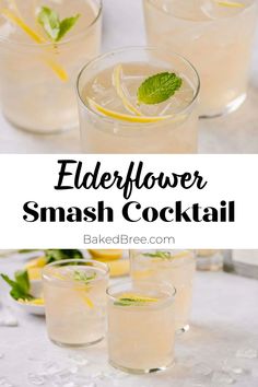 elderflower smash cocktail with lemons and mint garnish in glasses on a table