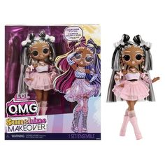 a doll with long hair and pink dress in front of a package for it's packaging