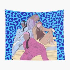 three people sitting on a bed in front of a blue leopard print wall hanging tapestry