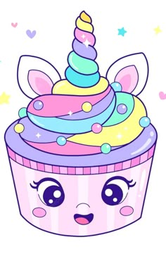 a cartoon cupcake with a unicorn face on it's top and stars around the edges