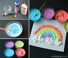 there are four pictures of different colors of icing on the paper and in bowls