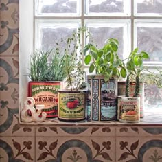 an assortment of herbs in tins sitting on a window sill next to a potted plant