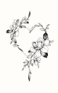 a black and white drawing of flowers in the shape of a heart