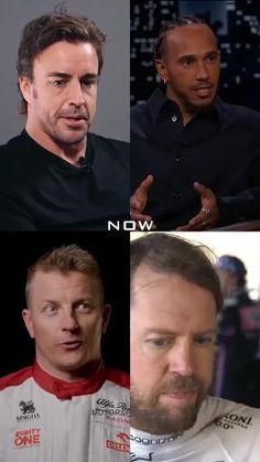 the four men are talking to each other in different pictures, one is wearing a black shirt and the other has a white t - shirt