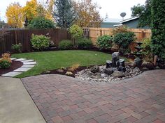 a backyard with a fire pit and landscaping