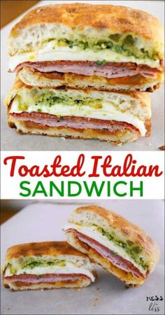 toasted italian sandwich cut in half and stacked on top of each other with text overlay