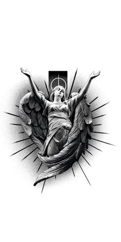 a black and white drawing of the crucifix with an angel above it