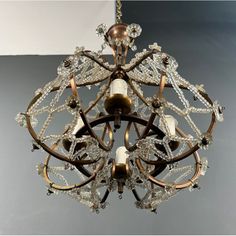 Small brass chandelier with crystal garlands. French work in the Baguès style. Circa 1940 Decorative Chandelier, Vintage Brass Chandelier, Balloon Chandelier, Waterfall Chandelier, Crystal Garland, Chandelier Decor, Vintage Pendant Lamp, Bronze Chandelier, Art Deco Chandelier