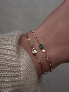 14kt gold diamond and emerald duo bezel bracelet on adjustable 6 - 7 inch chain *total diamond weight: .20ct *total emerald weight: .55ct Emerald Duo, Luna Skye, Paperclip Bracelet, Engagement Necklaces, Bezel Bracelet, Double Band Rings, Choker Pendant, Coin Earrings, Bridal Engagement Rings