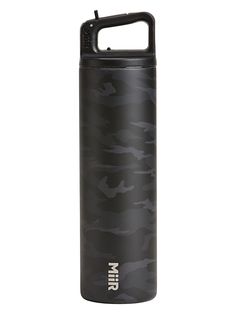 thermos water bottle in camouflage print is black and has a handle on it