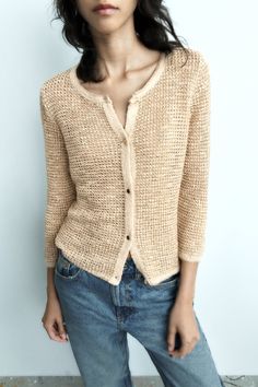 METALLIC THREAD KNIT CARDIGAN - Golden | ZARA United States Summer Textured Knit Beige Cardigan, Summer Beige Textured Knit Cardigan, Chic Beige Open Knit Sweater, Chic Cream Pointelle Knit Cardigan, Trendy Textured Knit Cream Top, Trendy Textured Knit Top In Cream, Chic Beige Open Knit Cardigan, Trendy Cream Textured Knit Top, Beige Short Sleeve Sweater For Spring