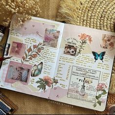 an open book with pictures and flowers on it