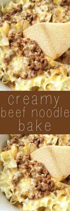 creamy beef noodle bake in a white casserole dish with wooden spoon