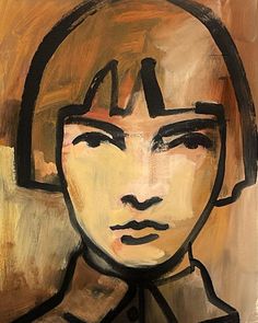 an abstract painting of a woman's face in black and brown tones, with her head tilted to the side