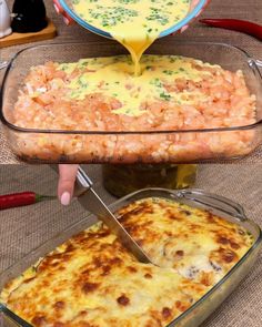 someone is spreading cheese on top of the casserole