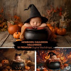 a newborn baby is sleeping in a witches hat on top of a cauldron