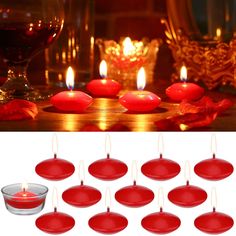 red candles are sitting on the table next to some wine glasses and other items that have been placed in front of them