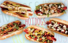 four hot dogs with toppings are arranged in a circle on a blue background that says hotdogs