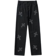 This washed jeans shaped with a relaxed fit, sit to a low rise silhouette, with rhinestone cross pattern detailing, complete with multi pockets and a zip button fly. Pants With Crosses, Jeans With Crosses On Them, Black Jeans With Button Closure For Streetwear, Black Chrome Hearts Jeans, Rhinestone Cross, Cross Patterns, Washed Jeans, Streetwear Women, Black Jeans