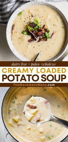 Creamy Loaded Potato Soup, healthy soup recipes, comfort food, healthy dinner ideas Potato Soup With Bacon, Gluten Free Dairy Free Recipes Dinner, Simple Dinners, Paleo Soup