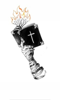 a drawing of a hand holding a bible with flames coming out of it