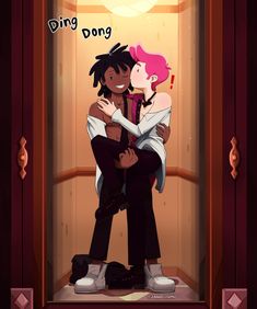 two people hugging each other in front of an open door with the words ding dong on it