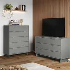 a flat screen tv sitting on top of a dresser next to a wall mounted television