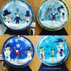 three plates with snowmen on them are shown