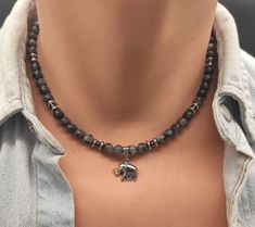 BEADED NECKLACE MENS WOMENS HERE: https://www.etsy.com/shop/SofronKutStar?section_id=30104920 https://www.etsy.com/shop/SofronKutStar?section_id=28173862 Black onyx, labradorite, white agate 6mm, silver hematite beads 6 mm, silver color stainless steel elephant. Beads are strung on stainless steel micro wire which is twisted for strength, clasp - lobster for secure clasping. If your require another size,please send us a message , we will be happy to customize it for you! SHIPPING METHOD : Purcha Men Beaded Necklace, Bracelet En Cuir Diy, Mens Choker Necklace, Men Choker, Mens Beaded Necklaces, Diy Leather Bracelet, Pearl Necklace Designs, Surfer Necklace, Stone Choker