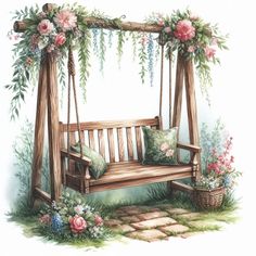 a painting of a wooden swing with pillows and flowers hanging from it's sides