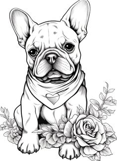 a black and white drawing of a dog wearing a bandana with roses around it