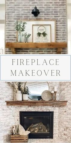 a fireplace with the words fireplace makeover over it and an image of a fire place