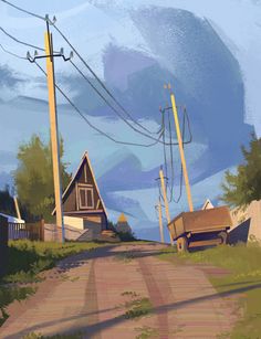 a painting of some houses on the side of a road with power lines in the background