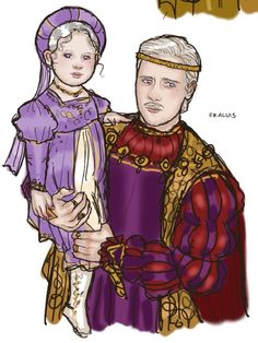 a drawing of a man and woman dressed in medieval clothing, with the caption's name