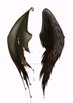 two black wings with blood dripping from them and one wing extended up to the side