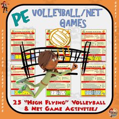 a poster with the words volleyball net games and an image of a cartoon character holding a racket