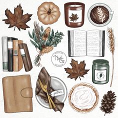 a collection of autumn items including an open book, coffee cup, and other things