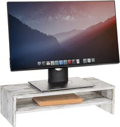 2-Tier Rustic Whitewashed Wood Computer Monitor Stand and Desktop Shelf-MyGift Computer Monitor Stand, Wood Office Desk, Desktop Shelf, Whitewashed Wood, Urban Rustic, Laptop Table, Whitewash Wood, Office Desktop, Monitor Stand